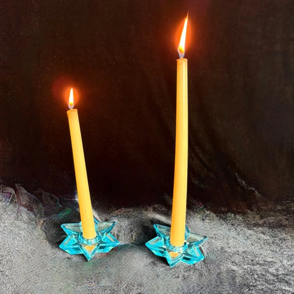 2 Blue Star of David Candleholders Vintage MCM Bohemian Glass Original Box - Picture 6 of 10